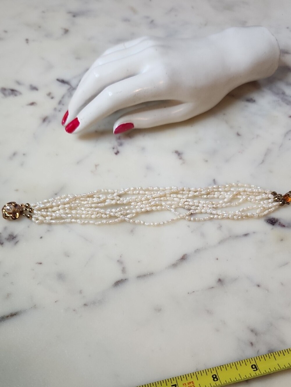 Vintage Freshwater Pearl Beaded | Gold-Tone Ornate Push Clasp Bracelet - Picture 7 of 10